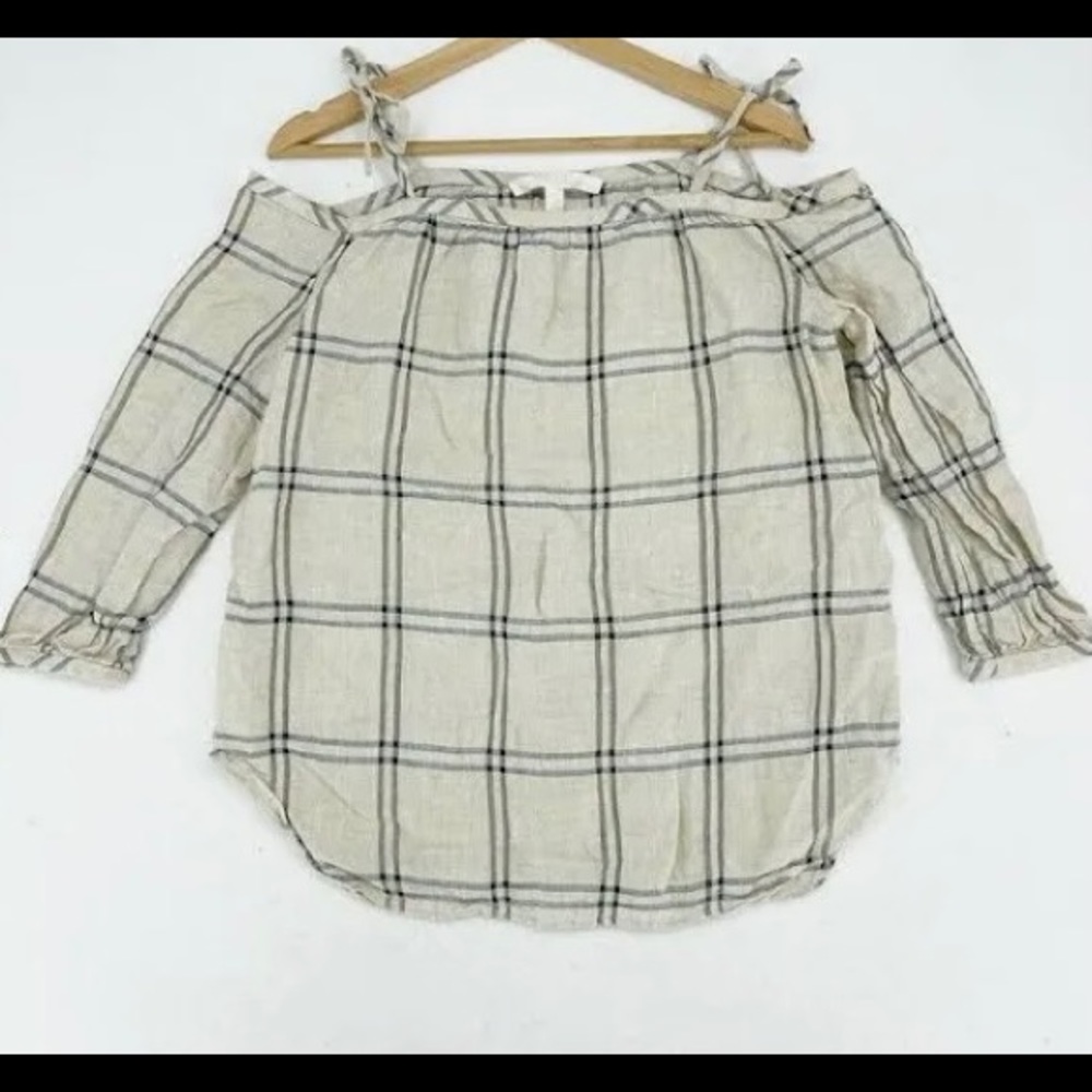 Nordstrom Collection Womens Tie Off Shoulder Linen Blouse Tan Sz S Casual Plaid